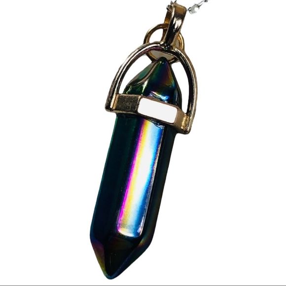Rainbow titanium aura quartz double hex stone pendant on silver chain - Picture 3 of 3